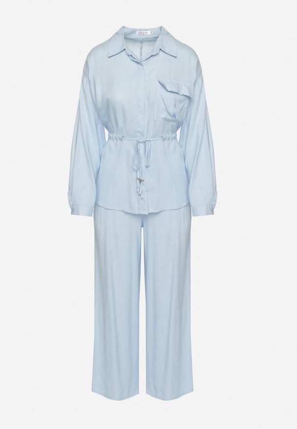 Born2be - Niebieski Komplet z Wiskozą Koszula Ściągana w Talii i Szerokie Spodnie Divellara. Kolor: niebieski. Materiał: wiskoza