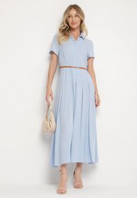 Born2be - Niebieska Wiskozowa Sukienka o Koszulowym Fasonie z Wąskim Paskiem Fillamea. Kolor: niebieski. Materiał: wiskoza. Wzór: aplikacja. Typ sukienki: koszulowe. Styl: elegancki #6