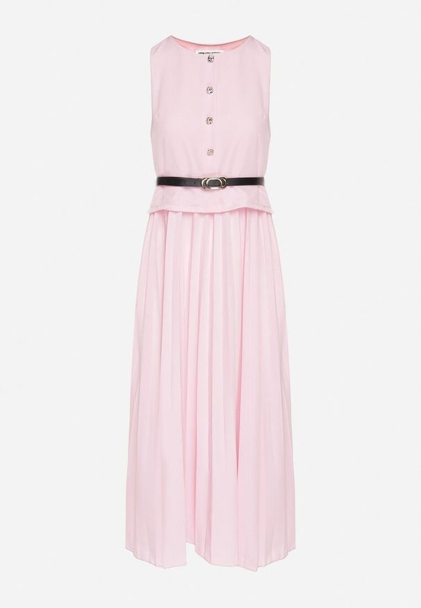 Born2be - Różowa Sukienka Bez Rękawów z Plisami i Paskiem z Klamrą Iffale. Okazja: na spacer, na co dzień. Kolor: różowy. Długość rękawa: bez rękawów. Styl: casual, klasyczny