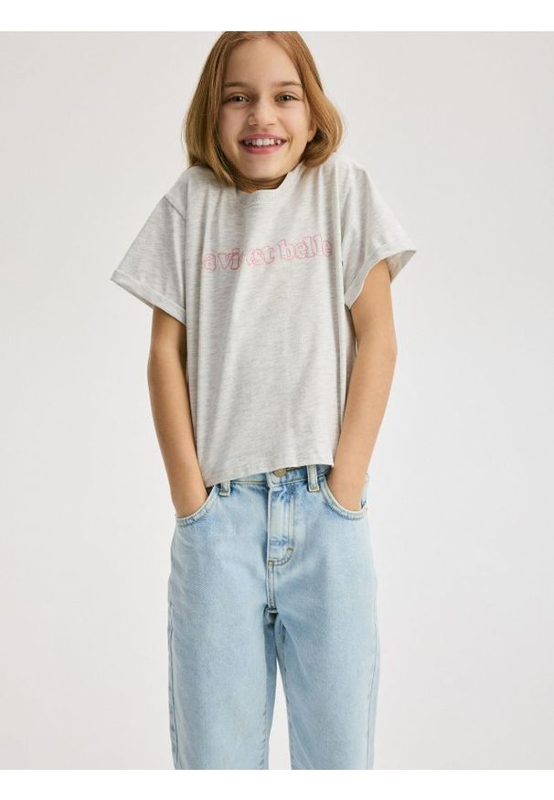 Reserved - Bawełniany t-shirt z nadrukiem - jasnoszary. Kolor: szary. Materiał: bawełna. Wzór: nadruk