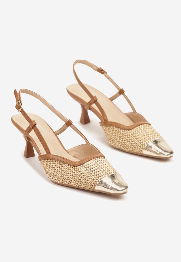 Renee - Brązowe Sandały na Kaczuszce Slingback z Plecionką i Metalicznym Noskiem Ldivaria. Okazja: na co dzień, na imprezę. Kolor: brązowy. Wzór: aplikacja. Obcas: na szpilce. Styl: elegancki, casual. Wysokość obcasa: średni