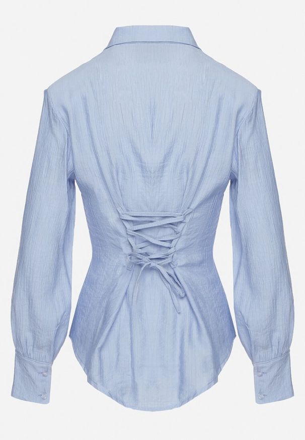 Born2be - Niebieska Koszula z Usztywnionymi Ramionami Ozdobiona Sznurkiem Meroriela. Okazja: na co dzień. Kolor: niebieski. Materiał: jeans. Długość rękawa: długi rękaw. Długość: długie. Wzór: aplikacja. Styl: elegancki, casual