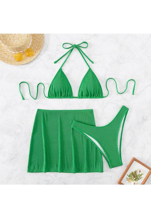 Intica - Bikini z pareo na plażę z elastycznego materiału Lorenzina. Kolor: zielony. Materiał: materiał