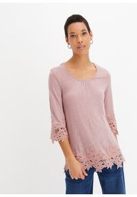 bonprix - Shirt z koronką. Kolor: różowy. Materiał: koronka. Wzór: koronka. Sezon: lato #1