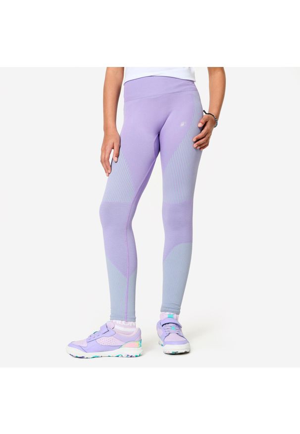 Decathlon - Legginsy fitness dziecięce Domyos. Okazja: na uczelnię. Kolor: fioletowy, zielony, wielokolorowy. Materiał: poliester, elastan, poliamid, materiał. Styl: sportowy