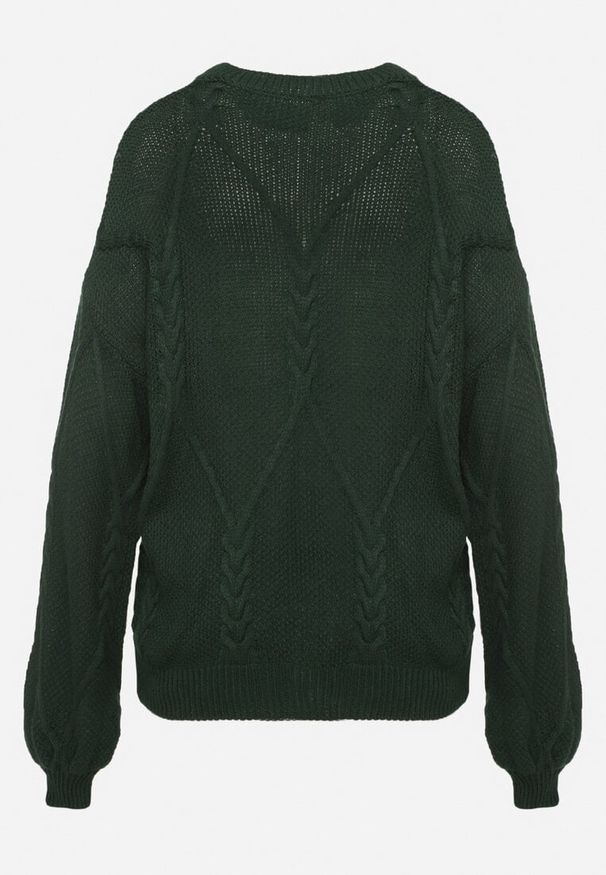 Born2be - Ciemnozielony Sweter Ozdobiony Ściągaczami i Splotem Temirene. Okazja: na co dzień. Kolor: zielony. Materiał: dzianina, jeans. Wzór: aplikacja, ze splotem. Styl: casual