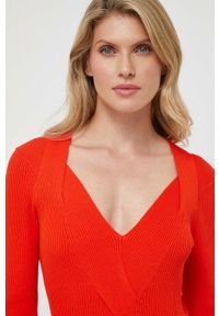 BOSS sukienka kolor pomarańczowy maxi dopasowana. Kolor: pomarańczowy. Materiał: materiał, dzianina, prążkowany. Długość rękawa: długi rękaw. Typ sukienki: dopasowane. Długość: maxi #6