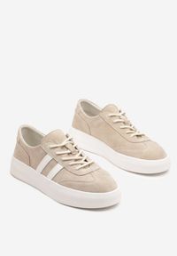 Born2be - Beżowe Skórzane Sneakersy Typu Klasyczne Tenisówki na Grubej Podeszwie Eleavine. Okazja: na co dzień, do pracy, na spacer. Kolor: beżowy. Materiał: skóra. Sport: turystyka piesza #3