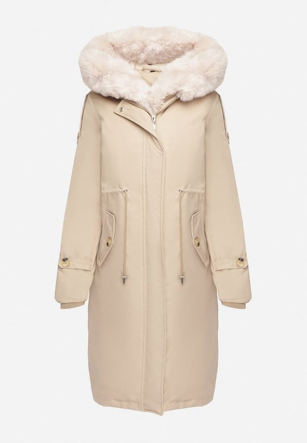 Born2be - Jasnobeżowa Kurtka Parka z Kapturem Futrzaną Wyściółką i Ściągaczem w Talii Semarien. Okazja: na co dzień. Typ kołnierza: kaptur. Kolor: beżowy. Materiał: futro. Długość rękawa: długi rękaw. Długość: długie. Styl: casual, klasyczny