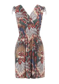 Born2be - Zielona Sukienka Olon. Okazja: na co dzień. Kolor: zielony. Długość rękawa: bez rękawów. Wzór: aplikacja, kolorowy. Sezon: lato. Typ sukienki: proste, kopertowe. Styl: casual. Długość: mini #3