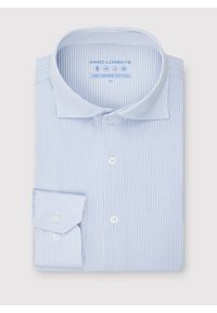 Pako Lorente - PAKO LORENTE - Błękitna koszula w drobny prążek. Typ kołnierza: kołnierzyk włoski. Kolor: niebieski. Materiał: dzianina, poliester, bawełna. Długość rękawa: długi rękaw. Długość: długie. Wzór: prążki #5
