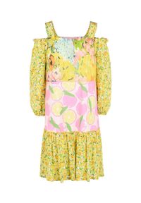 MOSCHINO - Sukienka w kwiaty. Kolor: żółty. Materiał: tkanina, materiał. Wzór: kwiaty. Typ sukienki: z odkrytymi ramionami, oversize. Styl: elegancki #5