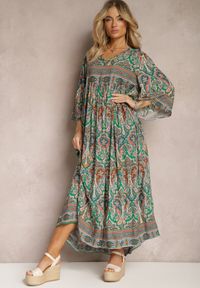 Renee - Zielona Rozkloszowana Sukienka we Wzór Paisley z Rękawem 3/4 Briarwa. Okazja: na co dzień. Kolor: zielony. Wzór: paisley. Styl: elegancki, casual #4