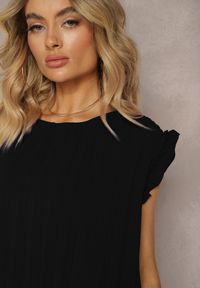 Renee - Czarny Plisowany Top Koszulka z Krótkim Rękawem Meavina. Okazja: na co dzień. Kolor: czarny. Materiał: materiał. Długość rękawa: krótki rękaw. Długość: krótkie. Styl: wizytowy, elegancki, casual #4
