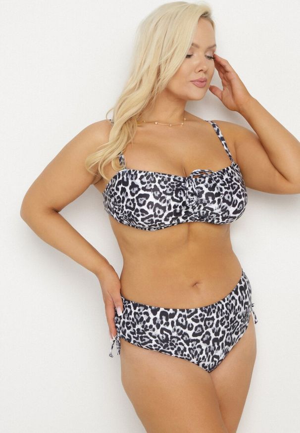 Born2be - Czarne Bikini Biustonosz z Wiązaniem i Majtki Figi ze Ściągaczami Uloselia. Kolekcja: plus size. Kolor: czarny. Wzór: ażurowy, motyw zwierzęcy