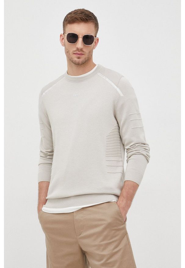 BOSS sweter z domieszką wełny BOSS ATHLEISURE 50465705 męski kolor beżowy lekki. Okazja: na co dzień. Kolor: beżowy. Materiał: wełna. Długość rękawa: długi rękaw. Długość: długie. Styl: casual