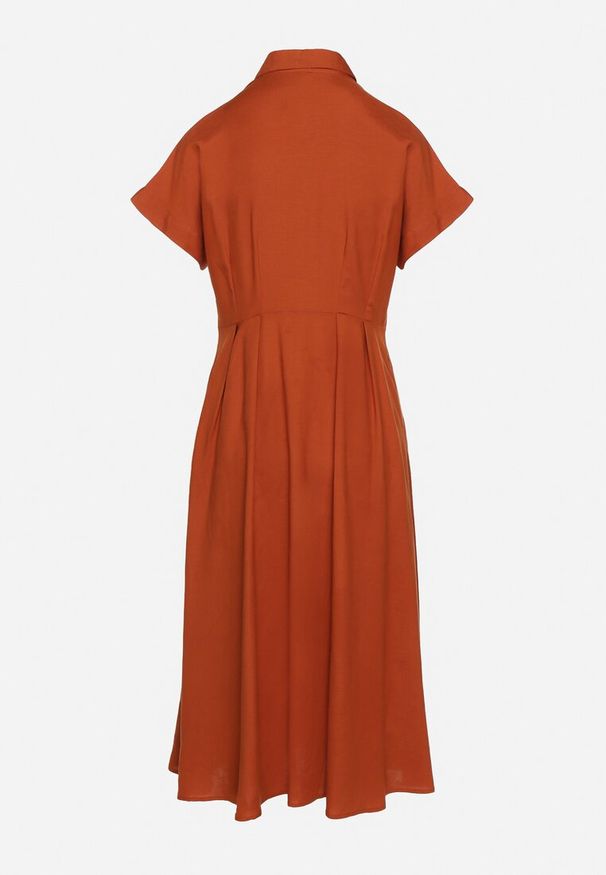 Born2be - Pomarańczowa Koszulowa Sukienka z Lnem i Wiskozą Ircilla. Okazja: na spacer. Kolor: pomarańczowy. Materiał: len, wiskoza. Długość rękawa: krótki rękaw. Sezon: lato. Typ sukienki: koszulowe