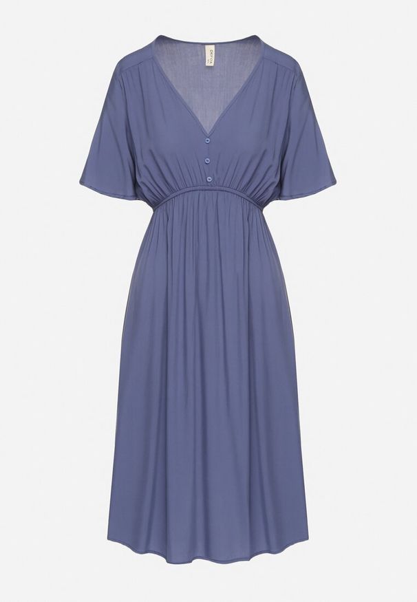 Born2be - Granatowa Bawełniana Sukienka o Rozkloszowanym Fasonie Liranelle. Okazja: na co dzień. Typ kołnierza: dekolt w kształcie V. Kolor: niebieski. Materiał: bawełna. Długość rękawa: krótki rękaw. Sezon: lato. Typ sukienki: rozkloszowane. Styl: elegancki, casual