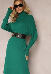 Renee - Ciemnozielona Sukienka Sweterkowa o Pudełkowym Fasonie Horrene. Kolor: zielony. Materiał: nylon, dzianina, wiskoza. Długość rękawa: długi rękaw. Wzór: gładki #5