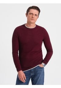 Ombre Clothing - Bawełniany sweter męski z okrągłym dekoltem - bordowy V8. Kolor: czerwony. Materiał: bawełna. Styl: klasyczny