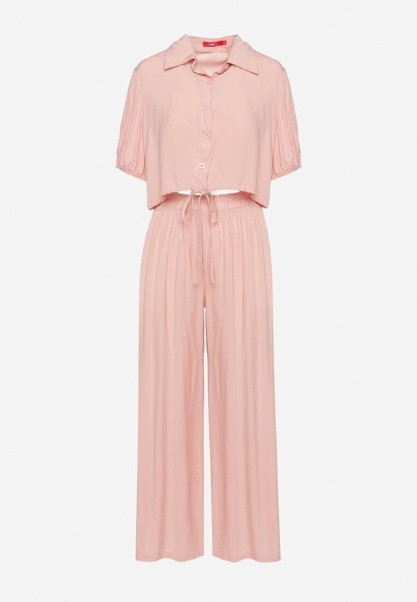 Born2be - Jasnoróżowy Bawełniany Komplet z Krótką Koszulą i Szerokimi Spodniami z Rozcięciami Denara. Kolor: różowy. Materiał: bawełna