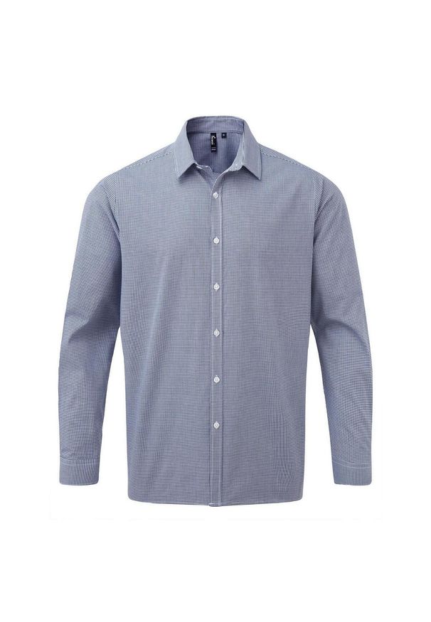 PREMIER - Męska Koszula Z Długim Rękawem Gingham Micro Checked. Kolor: biały, wielokolorowy, niebieski. Długość rękawa: długi rękaw. Długość: długie