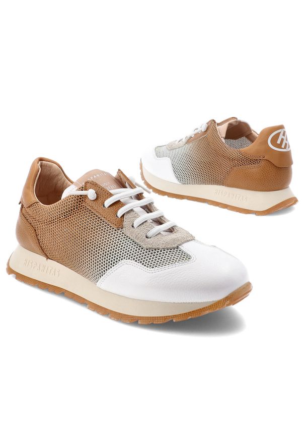 Biało-Brązowe Sneakersy Hispanitas Stylowe Wygodne Obuwie Damskie. Okazja: na co dzień. Zapięcie: sznurówki. Kolor: biały. Materiał: skóra. Szerokość cholewki: normalna. Styl: elegancki