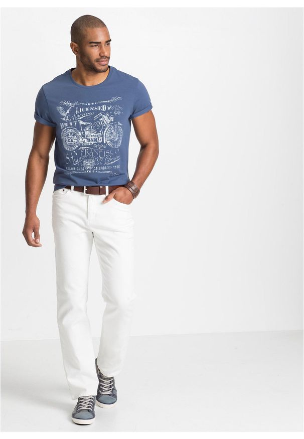 bonprix - T-shirt z czystej bawełny. Okazja: na co dzień. Kolor: niebieski. Materiał: bawełna. Wzór: nadruk. Styl: casual