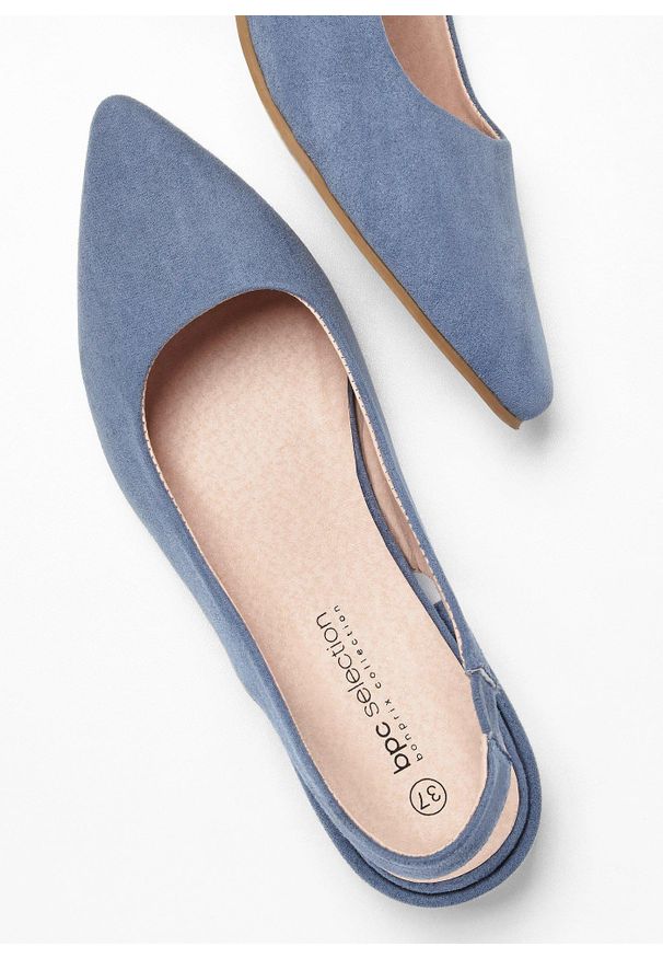 bonprix - Czółenka z odkrytą piętą, na płaskim obcasie. Kolor: niebieski. Obcas: na obcasie. Wysokość obcasa: niski