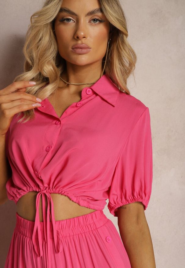 Renee - Fuksjowy Komplet z Bawełny w Stylu Utility Koszula i Szerokie Spodnie Veola. Kolor: różowy. Materiał: bawełna