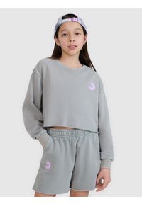 4f - 4F Bluza dresowa nierozpinana bez kaptura dziewczęca - szara 134 (8-9 lat). Okazja: na co dzień. Typ kołnierza: bez kaptura. Kolor: szary. Materiał: dresówka. Wzór: gładki, ze splotem, napisy. Sezon: lato. Styl: młodzieżowy, casual, sportowy, klasyczny, elegancki