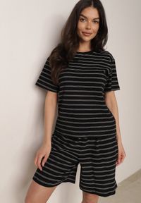 Born2be - Czarny Bawełniany T-shirt w Poziome Paski Rive. Okazja: do pracy, na co dzień. Kolor: czarny. Materiał: bawełna. Długość: krótkie. Wzór: paski. Styl: klasyczny, casual #5