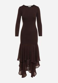 Born2be - Brązowa Sukienka z Wiskozą o Dopasowanym Kroju z Falbanami u Dołu Vebmara. Okazja: na randkę. Kolor: brązowy. Materiał: wiskoza. Typ sukienki: dopasowane. Styl: elegancki #5