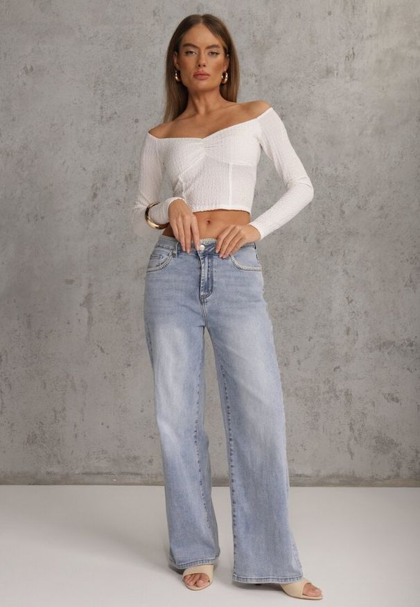 Renee - Niebieskie Szerokie Jeansy High Waist z Przeszyciami Tryphile. Okazja: na co dzień. Stan: podwyższony. Kolor: niebieski. Styl: casual, elegancki