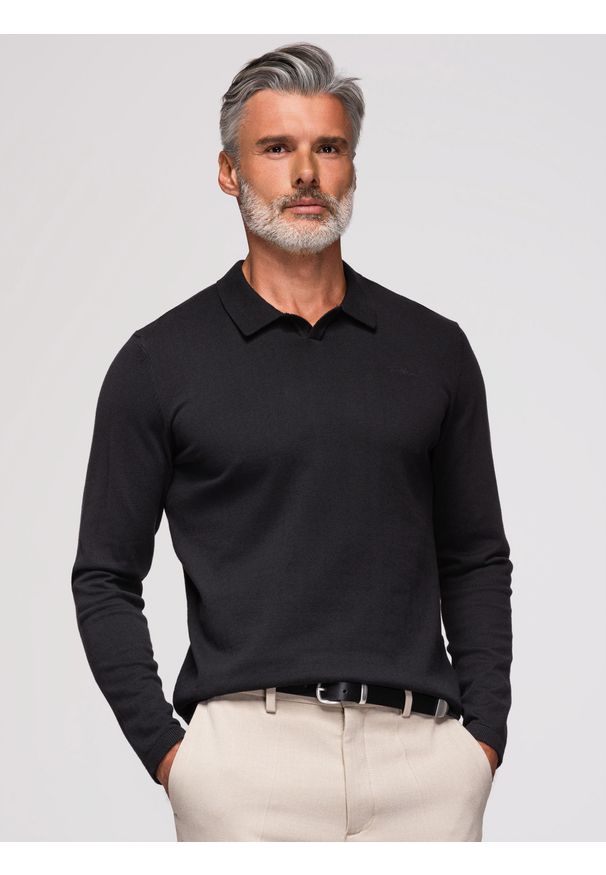 Ombre Clothing - Męski sweter polo z haftem na piersi – czarny V1 - Rozmiar: XL. Okazja: na co dzień. Typ kołnierza: polo. Kolor: czarny. Materiał: prążkowany, tkanina, bawełna, dzianina, nylon. Wzór: haft. Styl: elegancki, casual, klasyczny