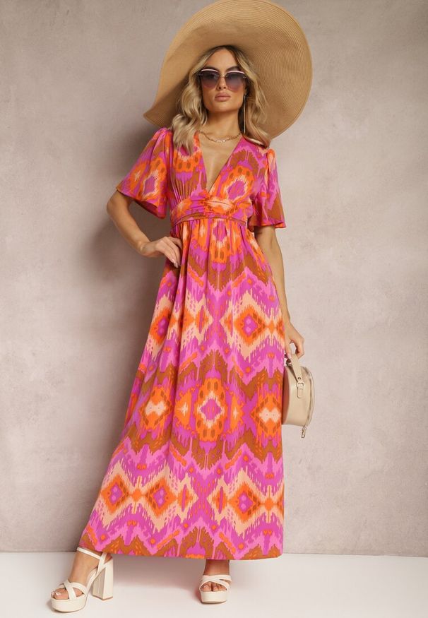 Renee - Fioletowo-Pomarańczowa Sukienka Rozkloszowana z Dekoltem w V Natica. Okazja: na imprezę. Typ kołnierza: dekolt w kształcie V. Kolor: fioletowy. Wzór: aplikacja. Styl: klasyczny