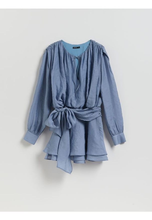 Reserved - Sukienka mini - granatowy. Kolor: niebieski. Materiał: tkanina. Wzór: gładki. Styl: klasyczny. Długość: mini