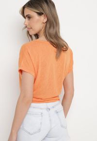 Born2be - Pomarańczowy Klasyczny T-shirt Wiązany na Dole z Cyrkoniami Efigga. Okazja: na co dzień. Kolor: pomarańczowy. Materiał: jeans. Wzór: aplikacja. Styl: klasyczny #4