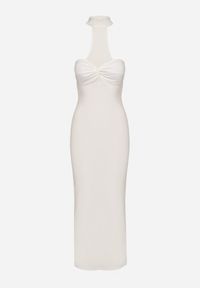 Born2be - Biała Sukienka z Wiskozą Zdobiona Marszczeniem i Rozcięciem Lunwena. Okazja: na wesele, na ślub cywilny, na imprezę. Kolor: biały. Materiał: wiskoza. Wzór: aplikacja. Styl: klasyczny #2