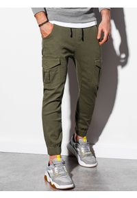 Ombre Clothing - Spodnie męskie JOGGERY z kieszeniami cargo - oliwkowe V18 P886 - XXL. Kolor: oliwkowy. Materiał: elastan, bawełna. Wzór: geometria #4
