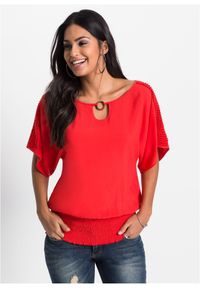 bonprix - Bluzka z czystej wiskozy. Kolor: czerwony. Materiał: wiskoza, koronka. Długość rękawa: krótki rękaw. Długość: krótkie. Wzór: koronka #1