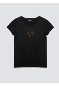 Big-Star - Koszulka damska z napisem z cyrkonii czarna Malvina 906. Kolor: czarny. Materiał: bawełna, jeans, dzianina. Wzór: napisy. Styl: klasyczny