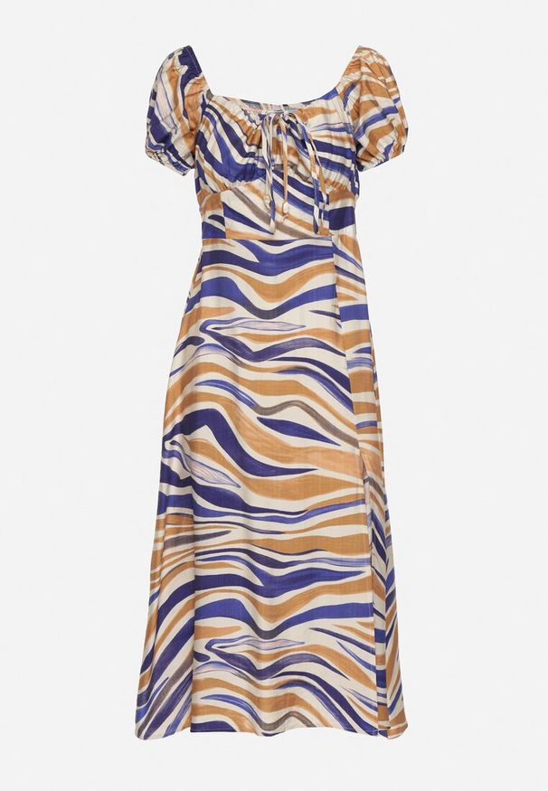 Born2be - Niebieska Rozkloszowana Sukienka z Wiskozą i Bawełną Wykończona Gumką na Plecach Dimillia. Okazja: na co dzień. Kolor: beżowy. Materiał: bawełna, wiskoza. Sezon: lato. Styl: casual, elegancki