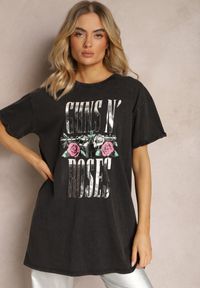 Renee - Ciemnoszary Bawełniany T-shirt z Rockowym Nadrukiem i Okrągłym Dekoltem Tahoma. Okazja: na co dzień. Kolor: szary. Materiał: bawełna. Wzór: nadruk. Styl: rockowy #5