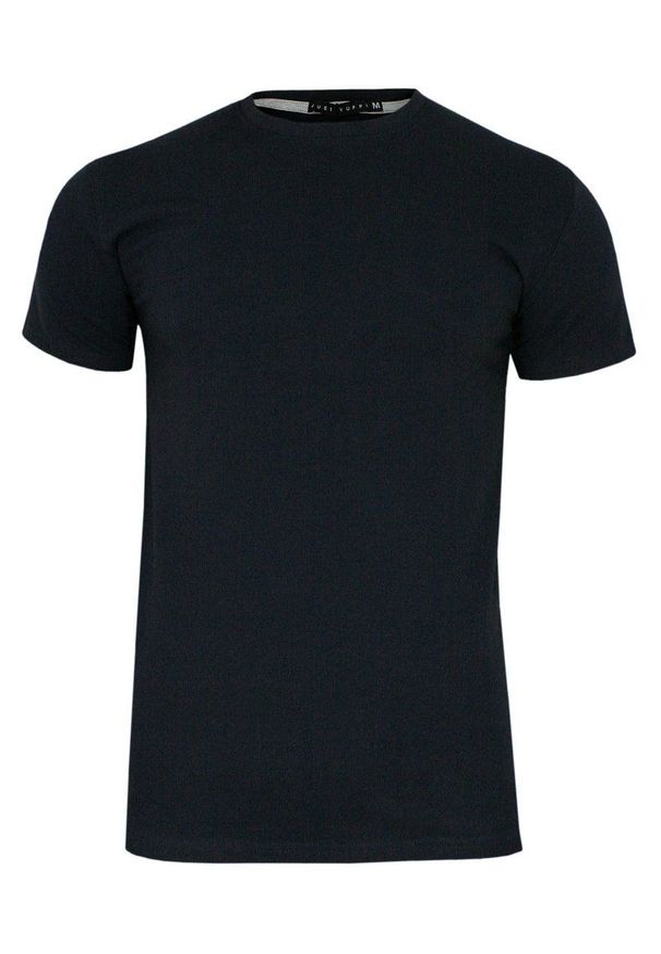 Granatowy T-shirt Męski, Krótki Rękaw -Just Yuppi- Koszulka, BASIC, Jednokolorowa, U-Neck. Okazja: na co dzień. Kolor: niebieski. Materiał: elastan, bawełna. Długość rękawa: krótki rękaw. Długość: krótkie. Styl: casual