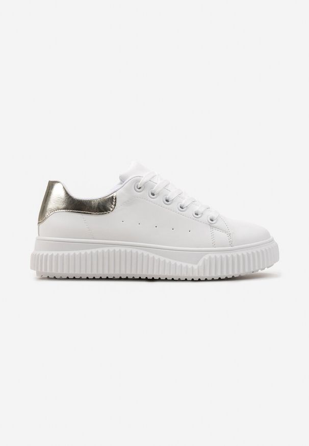 Renee - Biało-Złote Sznurowane Sneakersy z Metaliczną Wstawką i Żłobieniami Komparre. Kolor: biały. Materiał: dresówka. Szerokość cholewki: normalna. Sezon: wiosna, lato, jesień
