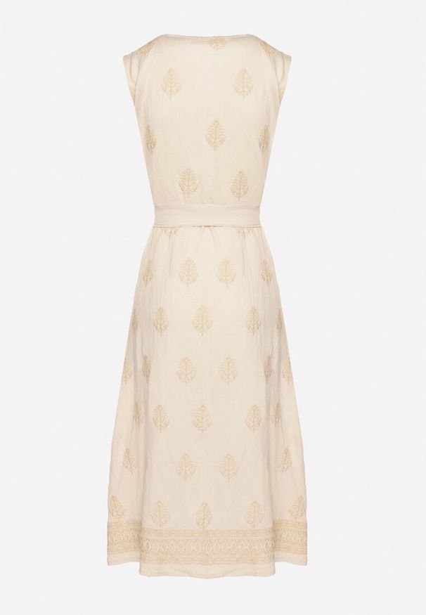 Born2be - Beżowa Wiskozowa Sukienka Koszulowa w Hafty z Paskiem Araverra. Okazja: na co dzień. Kolor: beżowy. Materiał: wiskoza. Wzór: haft. Sezon: wiosna, lato. Typ sukienki: koszulowe. Styl: klasyczny, casual, elegancki