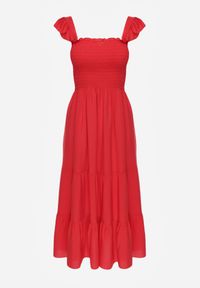 Renee - Czerwona Sukienka z Bawełny na Ramiączkach Ozdobiona Falbanami i Gumkami Mevalys. Okazja: na co dzień. Kolor: czerwony. Materiał: bawełna. Długość rękawa: na ramiączkach. Wzór: aplikacja. Typ sukienki: rozkloszowane. Styl: elegancki, casual #8