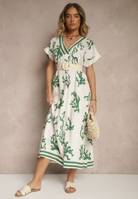 Renee - Zielono-Beżowa Pudełkowa Sukienka z Wiskozą i Lnem Sadeone. Okazja: na co dzień. Kolor: zielony. Materiał: len, wiskoza. Styl: elegancki, casual