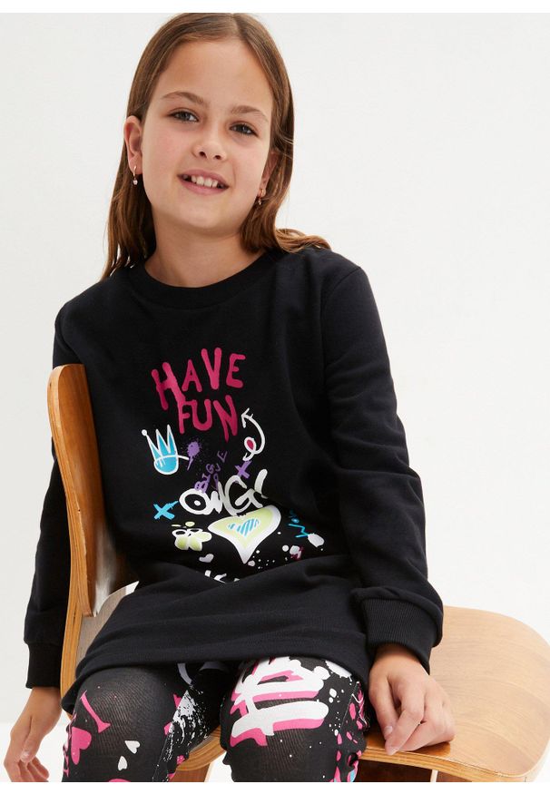 bonprix - Sukienka dresowa z czystej bawełny dresowej. Kolor: czarny. Materiał: bawełna, dresówka. Wzór: nadruk